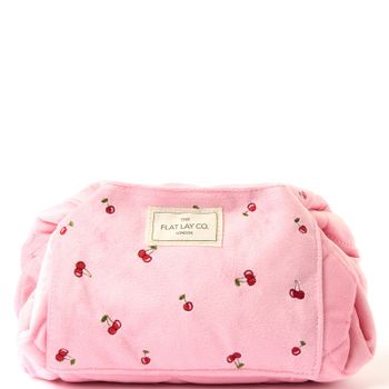 The Flat Lay Co. Drawstring Flat Lay Makeup Bag - Ditsy Cherries Pink Embroidered Velvet