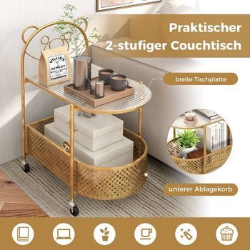 Mesa Auxiliar De Cristal Con Ruedas Mesa De Cristal De 2 Niveles Con Estampado De Osos 60 X 40 X 76 Cm Dorado