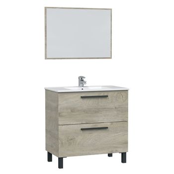 Mueble de baño 2 cajones, espejo y con lavabo cerámico, 80 cm