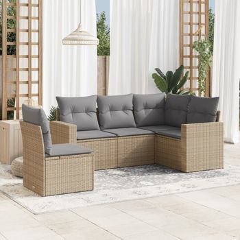 Conjunto De Sofás Jardín Con Cojines 5 Uds | Mueble Jardin Mesa Y Sillas Ratán Sintético Beige Cfw549437