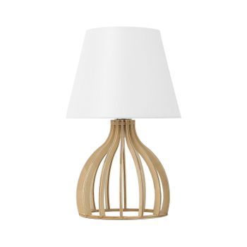 Lámpara De Mesa Base De Madera Pantalla De Tela Blanca Moderna Agueda
