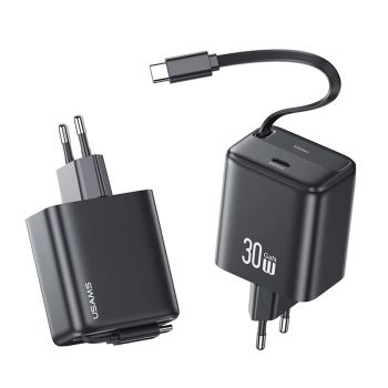[GaN Tech] USAMS CC241 Cargador USB de 30W de 2 Puertos con Cable Telescópico Tipo-C Integrado PD QC Carga Rápida Adapta