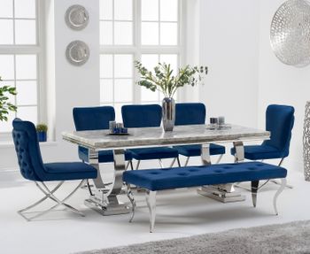 Haven 200cm Grey Marble Table With Giovanni Velvet Chairs And Blue Velvet Fitzrovia Bench - Grey, 2 Chairs