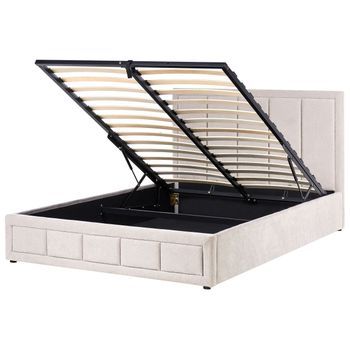 Cama Con Almacenaje Minimalista Cabecero Tapizado De Chenilla Base Elevable Somier De Láminas Diseño Acolchado Gris Pardo 160 X 200 Cm Quiberon