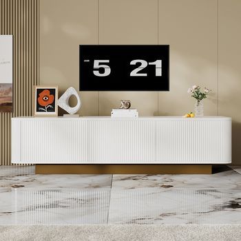 Sweiko Mueble Tv Bajo Moderno Espacio De Almacenamiento Diseño Redondeado Gestión De Cables Frente Texturizado Blanco Mueble Multimedia Mdf Salón