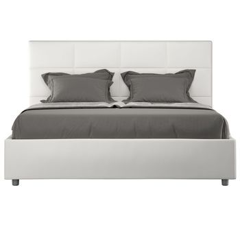 Cama De Matrimonio Mira 160x200 Cm Tapizada En Polipiel Cappuccino Con Somier De Láminas Y Box Spring-color Blanco-ropa De Cama 160x200 Cm