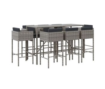 Mesa y taburetes altos jardin 9 piezas y cojines ratán pe gris