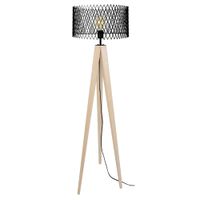 lampara de pie tripode madera natural metal pantalla negro