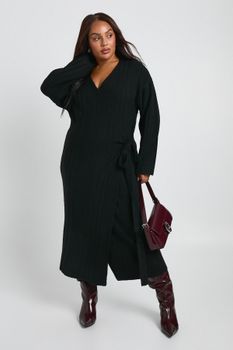 Vestido Jersey Plus Cruzado De Canalé Mixto, Negro