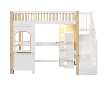 Cama alta 90x200 cm - con luces led, ventana, escalera con almacenamiento, escritorio, enchufe - blanco+natural