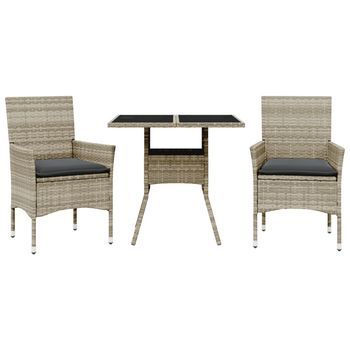 Set Comedor Jardín 3 Piezas Y Cojines Ratán Pe Vidrio Gris Claro