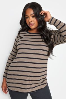 Yours Camiseta Algodón Manga Larga Marrón Con Rayas, Mujer Curvy Y Tallas Grandes, Yours