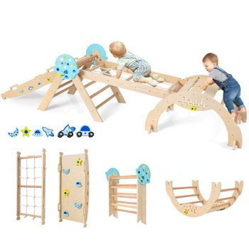 Costway Conjunto Triángulo Juguetes Plegables para Escalar Bebés 8 en 1 Set Montessori de Escalada de Madera con Tema de Astronauta Natural