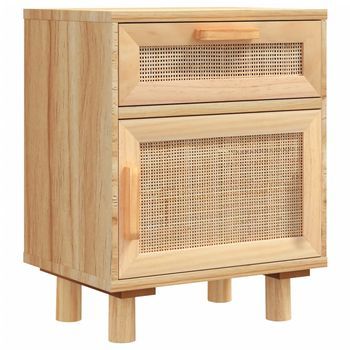 Mesita De Noche | Mesa Auxiliar | Mesilla Madera Maciza Pino Marrón Y Ratán Natural