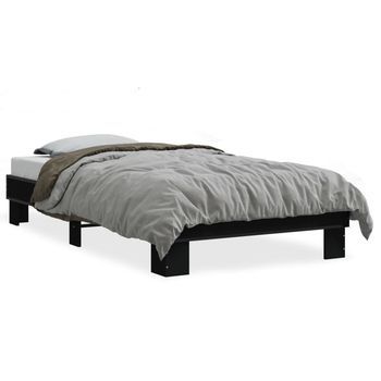 Cama Individual | Cama Para Adultos | Estructura De Cama Madera De Ingeniería Y Metal Negra 75x190 Cm