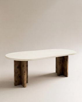 Mesa de comedor ovalada de microcemento blanco y envejecido 180x75cm