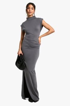 Vestido Midaxi Fruncido Con Cuello Alto, Gris