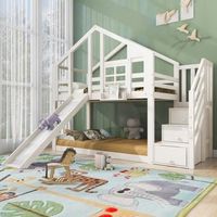 cama casita infantil blanca de 90 x 200 cm con tobogan y almacenamiento