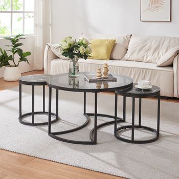 Set De 3 Mesas Nido Kokkola Ø80x48 Cm - Vidrio Ahumado/efecto Mármol Negro [en.casa]
