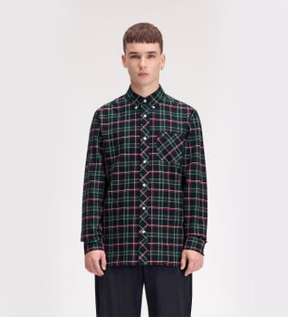 Fred Perry para hombre. M3720 Camisa de tartán marino, verde (L), Casual, Algodón, Manga larga