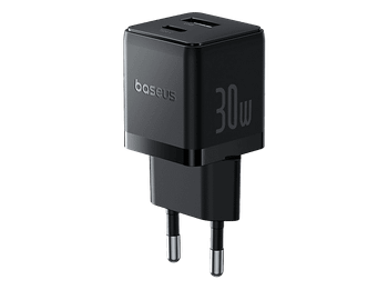 Cargador de pared - Baseus PALM, 30W, USB y Tipo C, Carga rápida, Tamaño extrapequeño, simultánea, Control inteligente temperatura, Negro