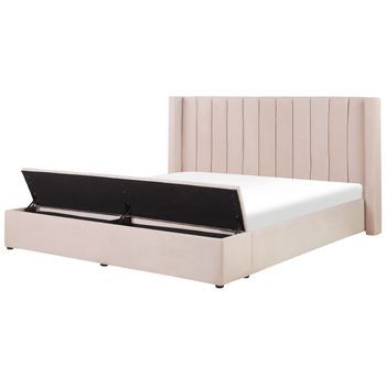 Cama Con Somier De Terciopelo Rosa Pastel 180 X 200 Cm Reposacabezas Banco Noyers