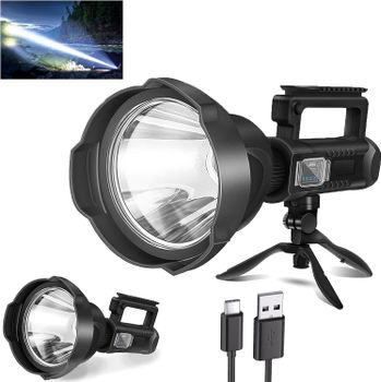 Linterna recargable, 3.000.000 lúmenes de alta luminosidad, linterna LED, lámpara de mano para exteriores, súper brillante, potente, largo alcance, linterna con 4 modos, trípode, USB C, IPX5