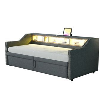 Cama Nido Tapizada 90/180 X 200 Cm - Almacenaje Multifuncional - Luz Led Y Puerto Usb - Gris