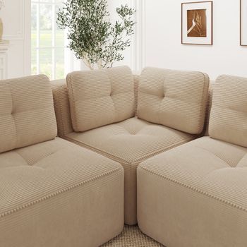 Sofá Esquinero Modular Beige De 297 × 177 Cm, Tres Plazas Y Otomana