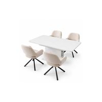 conjunto comedor blanco extensible 110-130 cm con 4 sillas beige de terciopelo