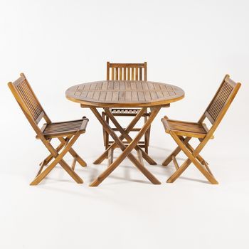 Conjunto Para Exterior De Teca, Mesa Redonda 100 Cm Y 4 Sillas Plegables, Madera Teca Grado A, Tratamiento Al Agua Aplicado, Juego De Comedor De Teka, Set Sillas Y Mesa De Teka, Set Terraza