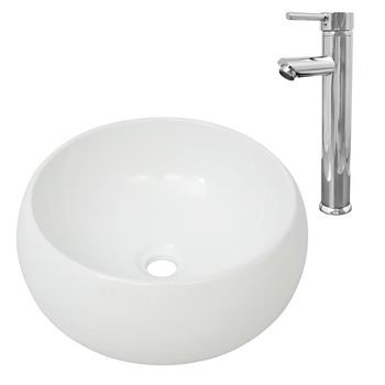 Lavabo De Baño Redondo Con Grifo Mezclador Cerámica Blanco Vidaxl