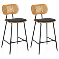 costway conjunto de 2 taburetes de bar de ratan con respaldo y patas de metal sillas de comedor para cocina y cafeteria 45 x 45 x 94 cm negro