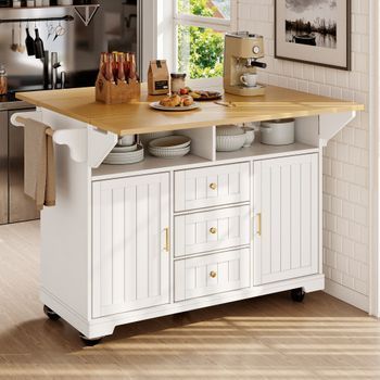 Isla De Cocina Extensible Blanca De 120 Cm Con Ruedas Y Mesa Abatible