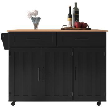 Carrito De Cocina Negro Con Ruedas, Tablero Abatible Y 2 Cajones, 129x71x91,5 Cm, Mdf Y Madera, Negro Y Natural.