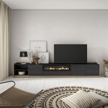 Mueble tv efecto madera negro roble 310x37x50cm chimenea efecto fuego