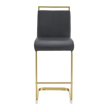 Juego De 2 Taburetes De Bar Estilo Nórdico Con Reposapiés Integrado, Cuero Sintético Negro Y Patas De Metal Dorado