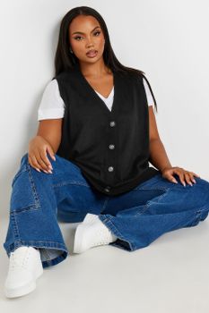 Yours Chaleco Negro De Punto Con Botones, Mujer Curvy Y Tallas Grandes, Yours