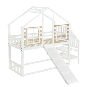 Cama Litera - Cama De Madera Con Escalera Y Barandillas - Con Tobogán Y Ventanas - Cama Chalet Con Protección Contra Caídas - Estructura De Madera Maciza - Blanca - 90x200 Cm