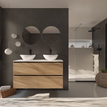 Conjunto De Baño Yinu | 120 Cm Negro - Solomon | Cuatro Cajones | Lavabo Sobre Encimera | Mueble Montado | No Incluye Espejo | Alday