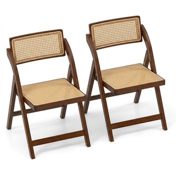 Costway Set de 2 Sillas Plegables de Bambú con Tejido de Ratán Cada una Soporta 150 kg Plegado Compacto 56 x 49 x 80 cm Nuez