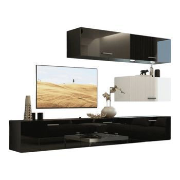 Conjunto De Muebles De Salón Negro Y Blanco, Colgantes Colección Cepto Xxv. 249cm, 6 Muebles, Leds, Modulares.