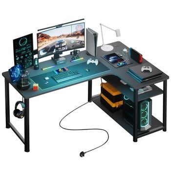 Comhoma Escritorio Gaming En Forma De L Con Estante, Puerto Usb Y Enchufe, Mesa De Ordenador De 120 Cm Para Oficina O Estudio En Casa, Negro