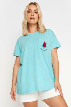 Yours Camiseta Azul De Algodón Con Sandía Bordada, Mujer Curvy Y Tallas Grandes, Yours