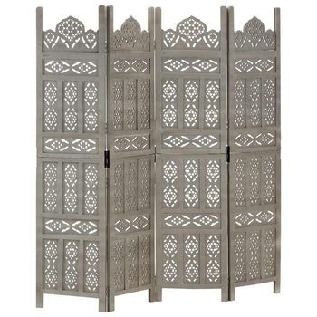 Biombo 4 Paneles Tallado A Mano Madera Mango Gris 160x165 Cm Vidaxl