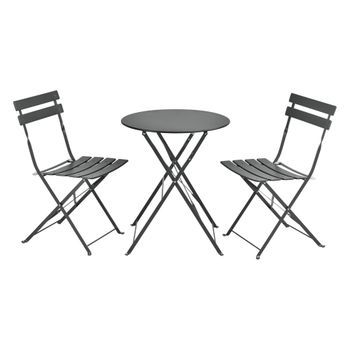 Set Bistro - 71 X 60 Cm - Set De Muebles De Jardín - 3-piezas - Conjunto De Muebles De Exterior - Mesa Redonda Con 2 Sillas Plegables - Mesa De Centro - Acero - Gris Oscuro [en.casa]®