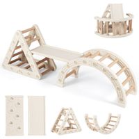 costway set de triangulo para ninos juguetes de escalada montessori 5 en 1 con trepador en forma de triangulo arco y escalera doble cafe