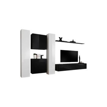 Conjunto De Muebles Para Salón Switch Vi, Diseño En Colores Negro Y Blanco Brillante.