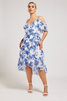 Yours London Vestido Blanco Y Azul De Flores Con Volantes, Mujer Curvy Y Tallas Grandes, Yours London