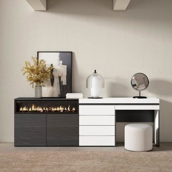 Aparador efecto madera blanco 227x35x75cm chimenea efecto fuego